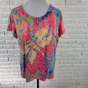 Leoma Lovegrove Womens Top XL Tee Dragonfly Pink Poly Blend Rhinestones WATT96E